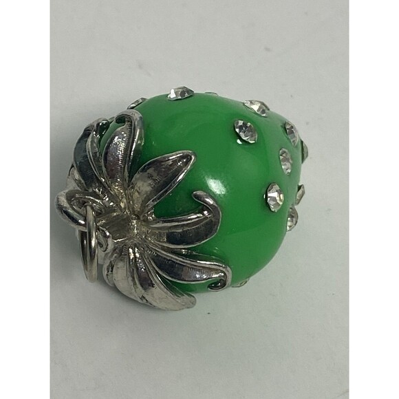 Strawberry Green Charm Rhinestones Silver Tone Metal Setting Vintage Heavy Hang - Picture 3 of 5